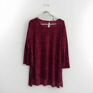 Womens 18/20W Red Velvet Burnout Floral Sheer‎ 3/4 Sleeve Tunic Top